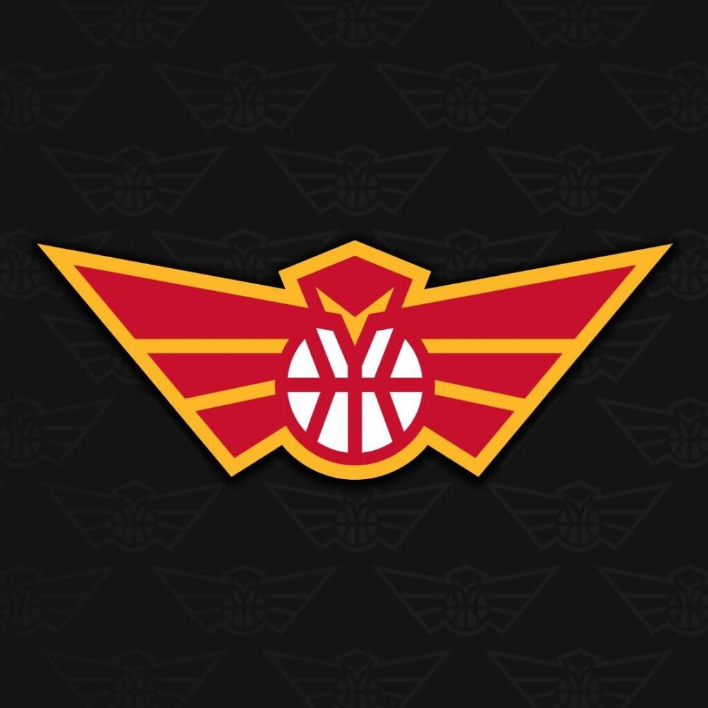 A red, yellow, and white basketball logo resembling a bird with outstretched wings on a dark background featuring a subtle repeating pattern of the same logo.