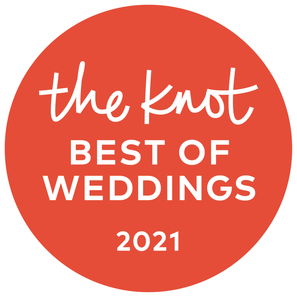 A round red badge with the text "the knot BEST OF WEDDINGS 2021" in white.