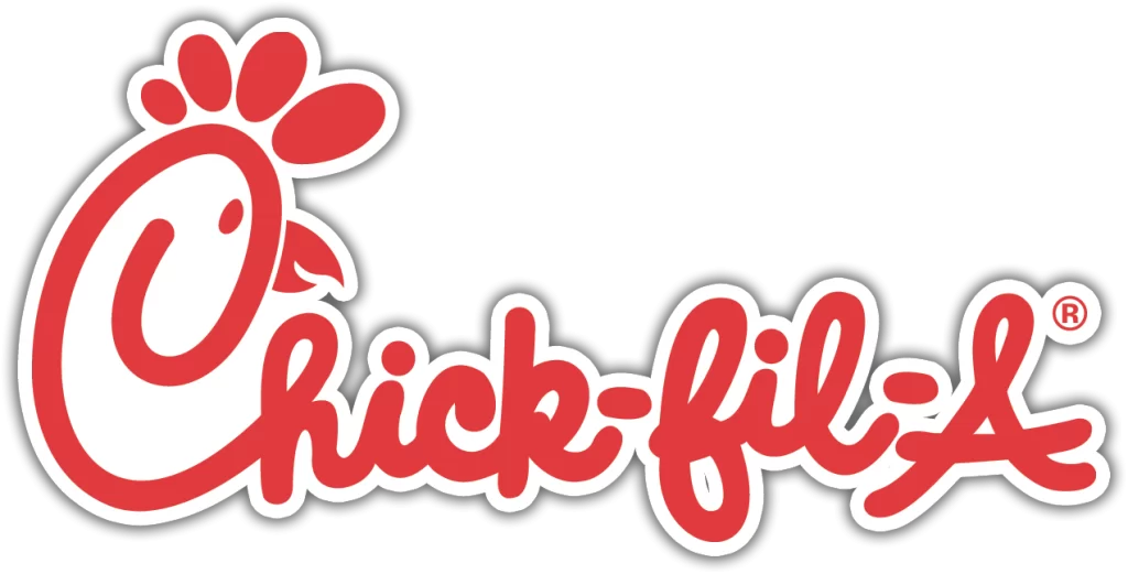 The image shows the Chick-fil-A logo featuring a red stylized chicken head and the brand name in red cursive text on a white background.
