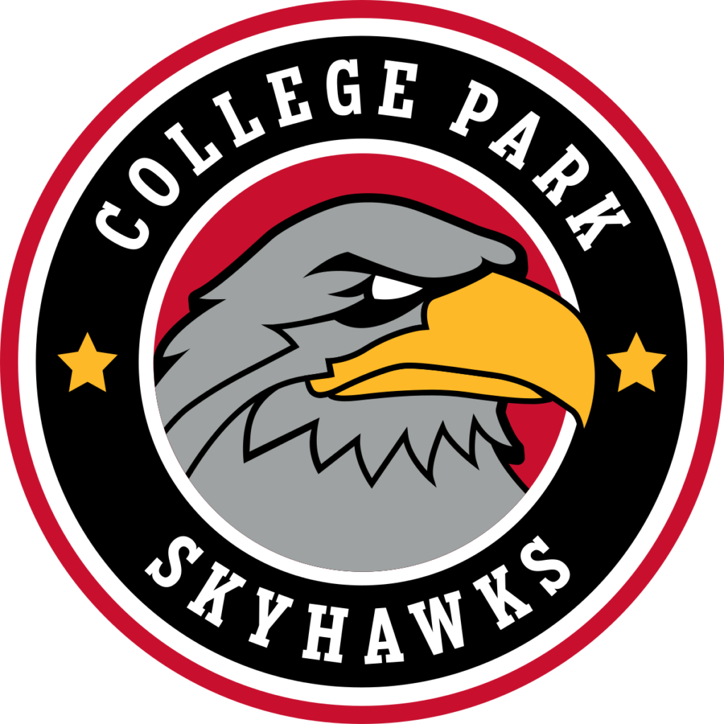 Logo of the College Park Skyhawks featuring a gray hawk with a yellow beak, encircled by a red and black ring with the team's name and two yellow stars.