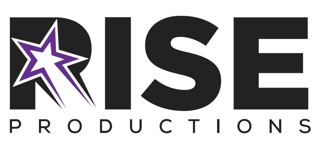 Logo with the text "RISE PRODUCTIONS" in bold black letters. The "I" is stylized with a purple star shooting upwards to the left.