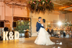 Bride and groom dancing In front of their family and friends